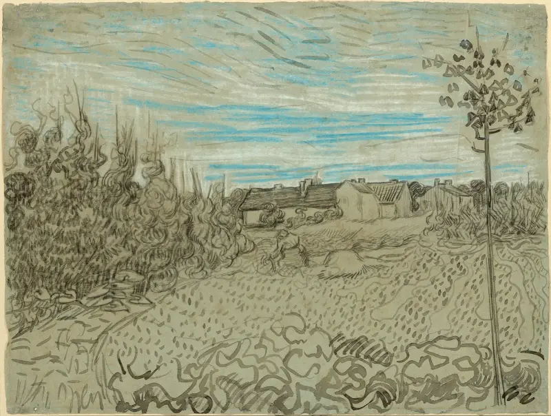Cottages with a Woman Working in the Middle Ground av Vincent van Gogh