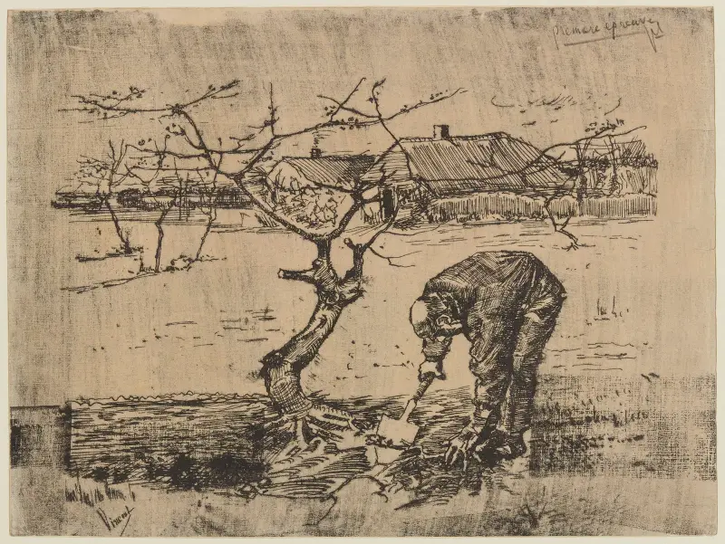 Dans le verger – Le bêcheur av Vincent van Gogh