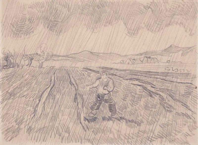 Inhägnat fält med såningsman i regn av Vincent van Gogh