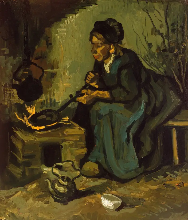 Peasant Woman Cooking by a Fireplace av Vincent van Gogh