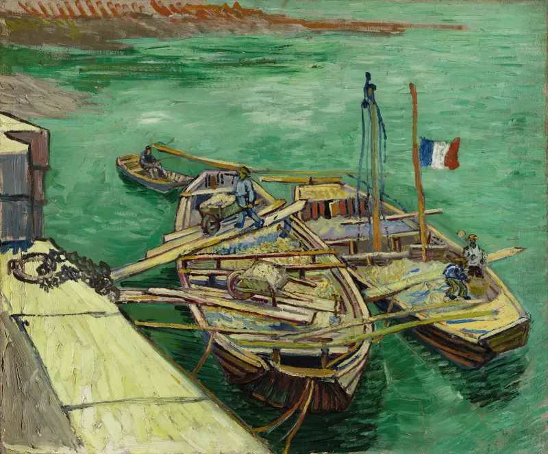 Nábřeží s muži vykládajícími písek z člunů, Vincent van Gogh