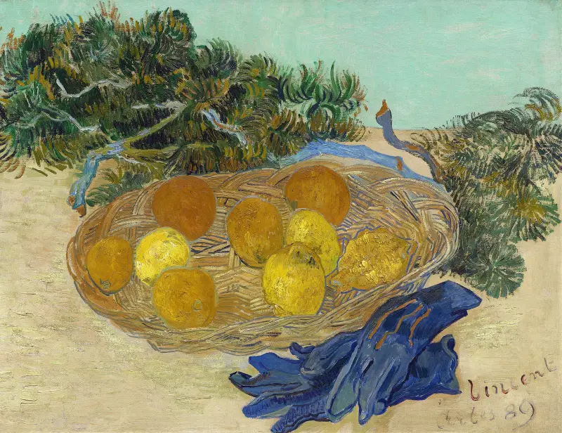 Still Life of Oranges and Lemons with Blue Gloves av Vincent van Gogh