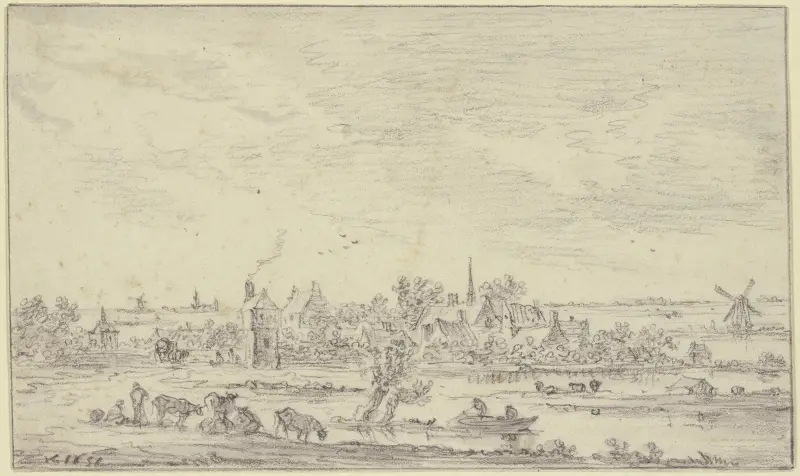 Am Wasser ein Dorf, vorn Hirten mit Vieh, auf dem Wasser ein Kahn, rechts eine Windmühle von Jan van Goyen