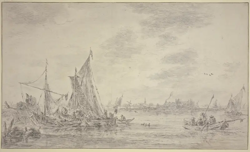 Na rzece wiele łodzi rybackich, po prawej wieś, Jan van Goyen