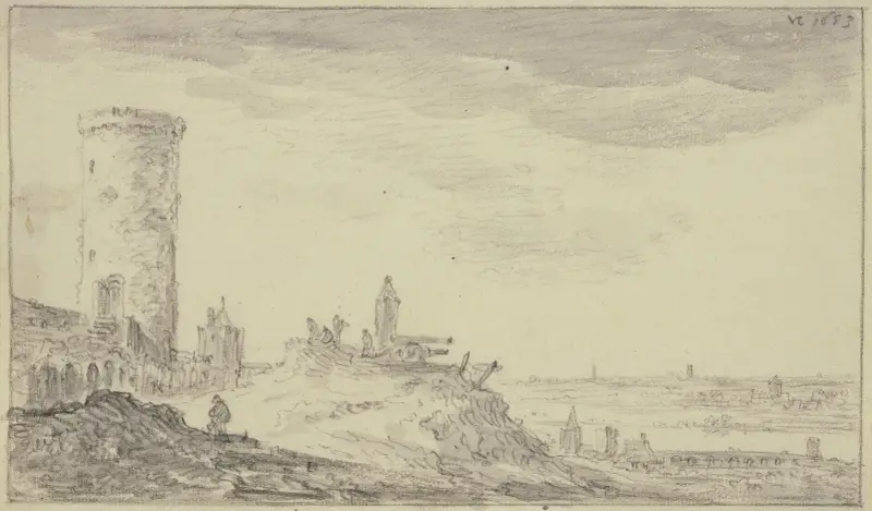 Befästning, vid ett kundtorn två kanoner och ett skilderhus av Jan van Goyen