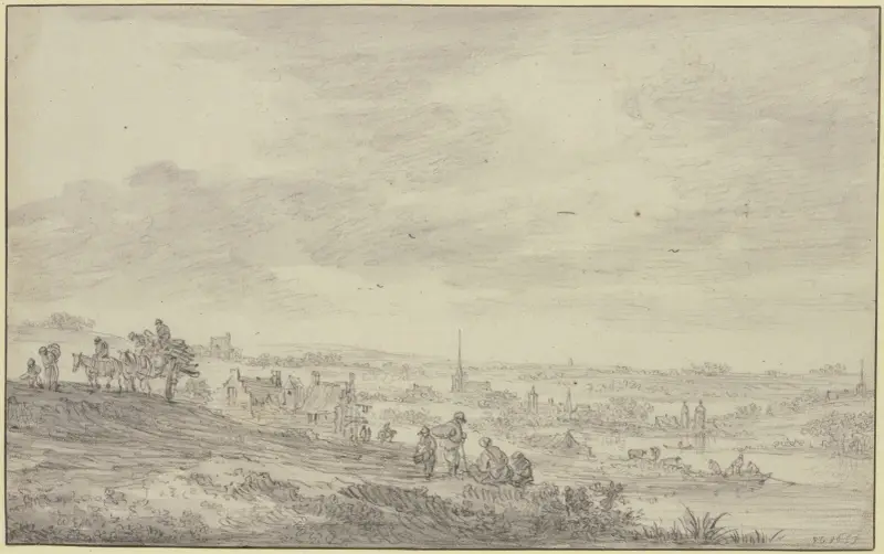 Blick über eine weite Landschaft mit Kirchturm av Jan van Goyen
