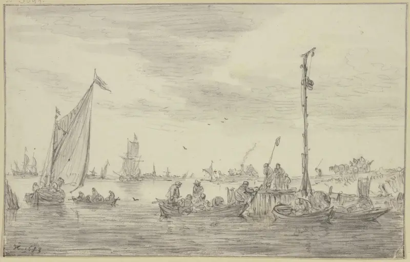 Hög signalmast halvt till höger på en landningsplats med roddbåtar av Jan van Goyen