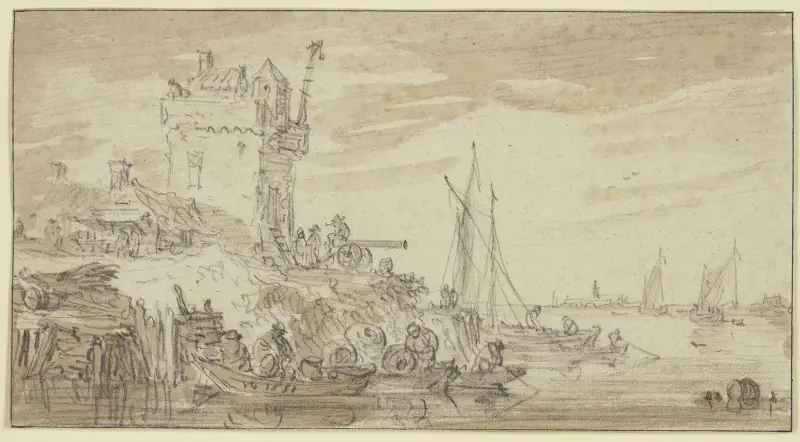Vänster vid en flod ett befäst torn med en kanon där en man sitter av Jan van Goyen