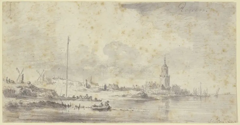 Widok rzeki z miastem, kościołem i murami obronnymi, po lewej dwa wiatraki, Jan van Goyen