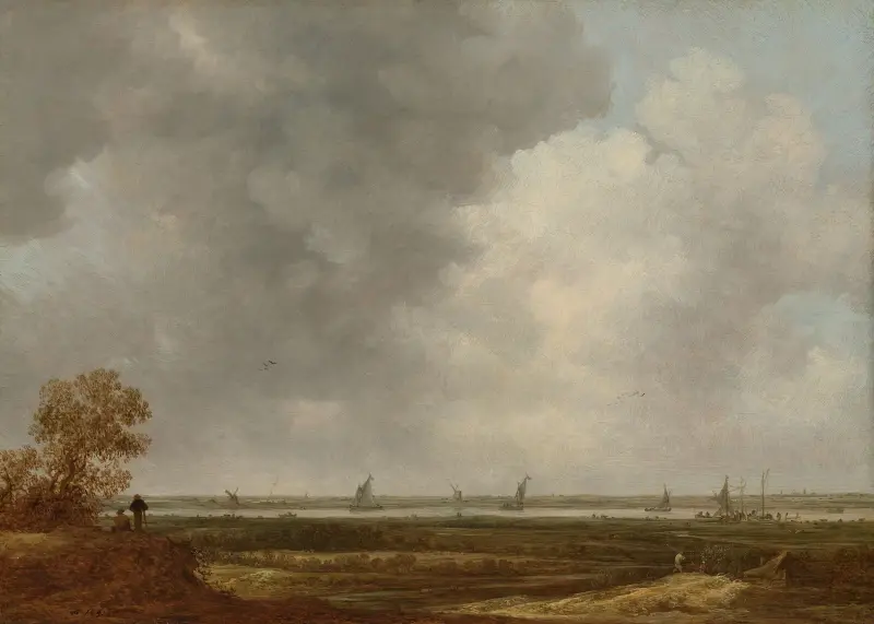 Panoramautsikt över en flod med låga ängar av Jan van Goyen