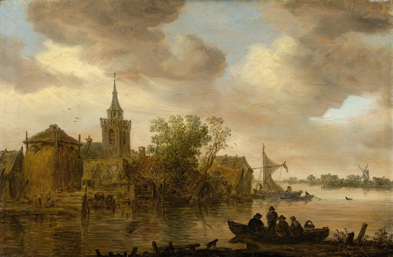 Flodvy med kyrka och bondgård av Jan van Goyen