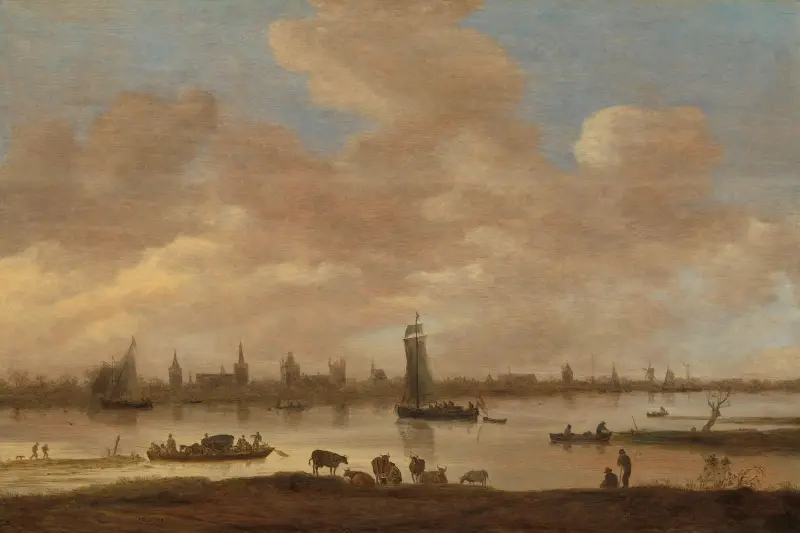 Blick auf eine imaginäre Stadt über einen Fluss, mit dem Turm von Saint Pol in Vianen von Jan van Goyen