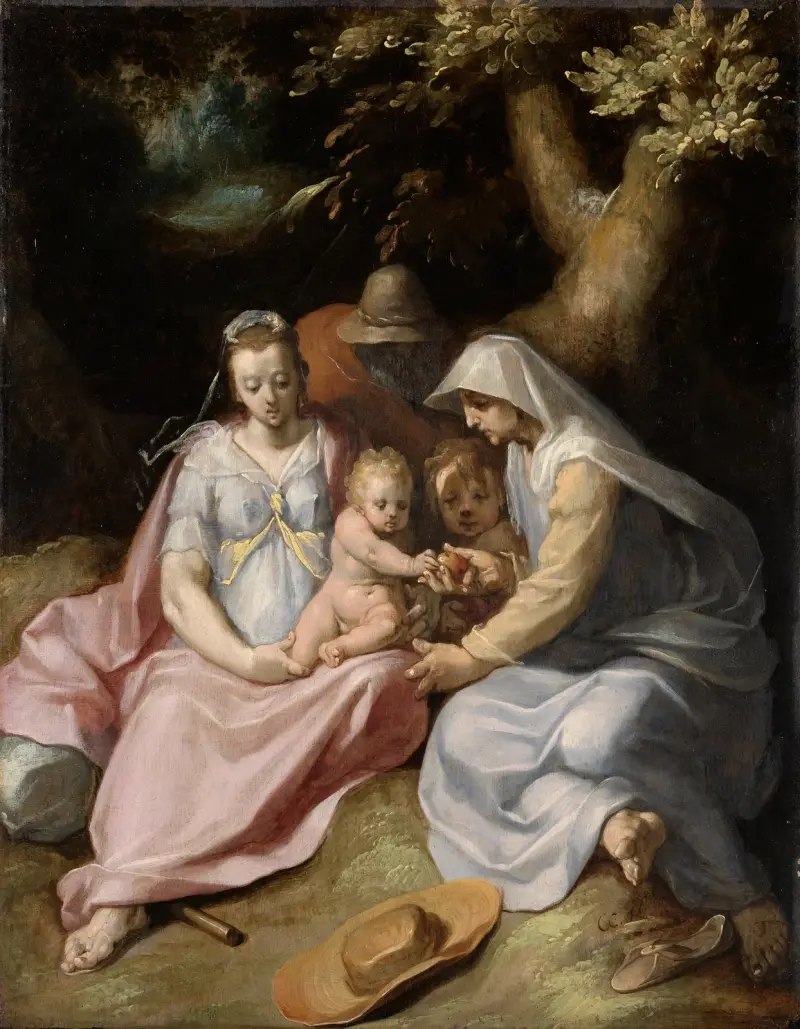 Kristi dop; Den heliga familjen med den heliga Elisabet och Johannesbarnet i skogen av Cornelis Cornelisz Van Haarlem