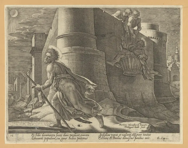 Paulus flyr från Damaskus om natten av Maarten Van Heemskerck