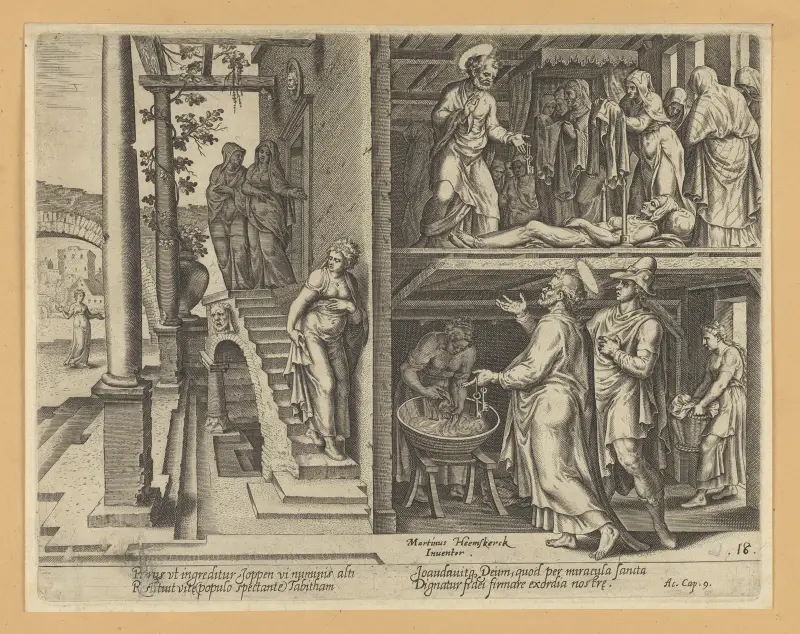 St Peter Raising Tabitha at Joppa av Maarten Van Heemskerck