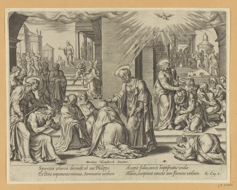 Petrus, Johannes och Filippus lägger händerna på de döpta i Samaria av Maarten Van Heemskerck