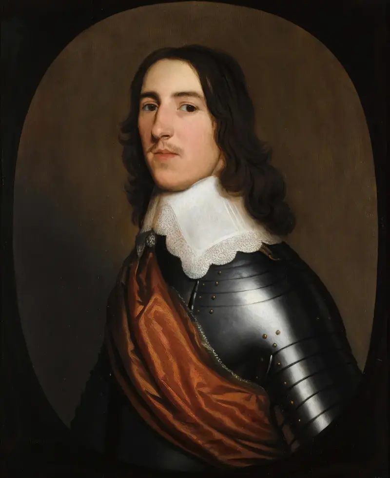 Porträt eines Edelmanns, Halbfigur, vermutlich Sir Thomas Ogle, in Rüstung mit weißem Kragen und orangefarbener Schärpe von Gerard van Honthorst