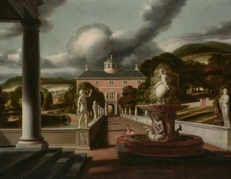 Utsikt från en villa, med en kvinna sittande vid en fontän och en allé av statyer av Samuel van Hoogstraten