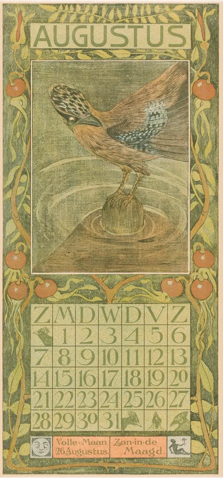 Kalenderblatt August mit Eichelhäher von Theo van Hoytema