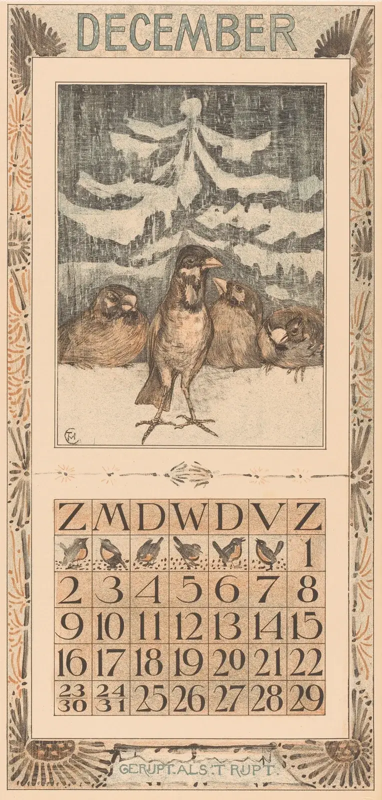 Kalenderblatt Dezember mit Spatzen im Schnee von Theo van Hoytema