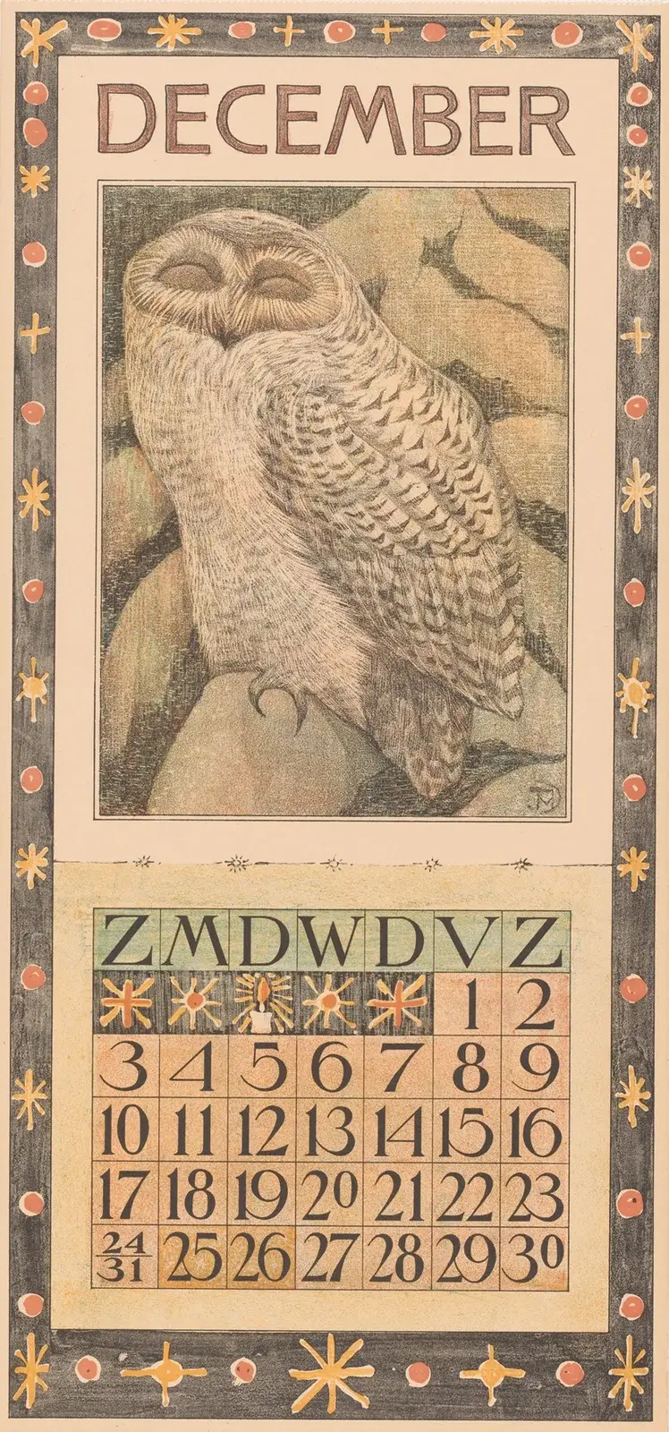 Kalenderblatt Dezember mit Schnee-Eule von Theo van Hoytema