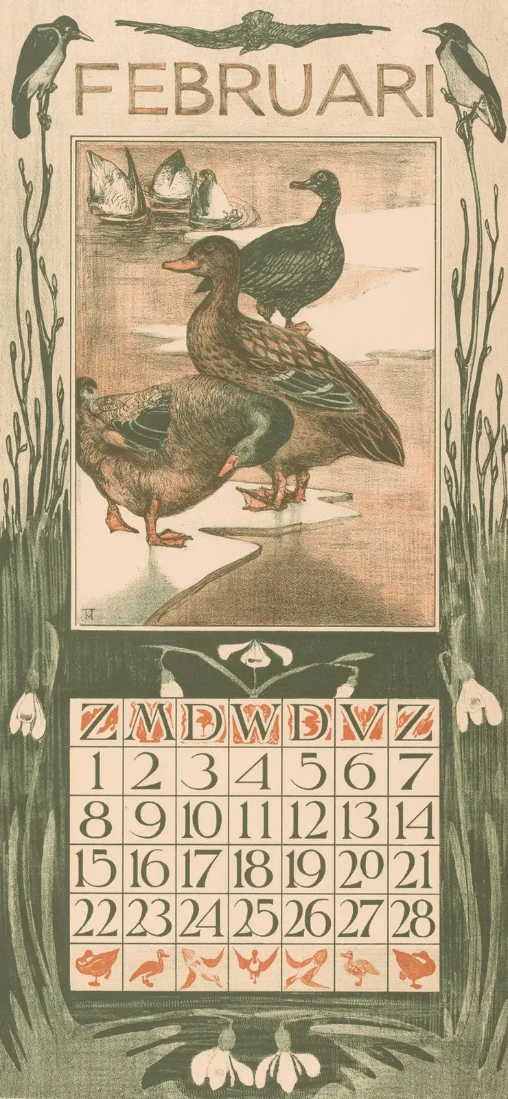 Kalenderblad februari met eenden, 1902 av Theo van Hoytema