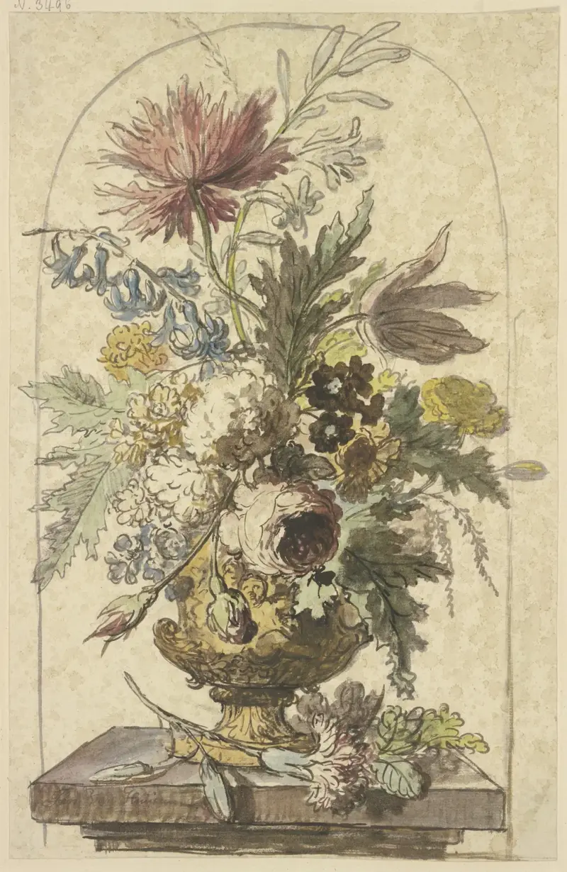 Blumenbouquet in einer Vase, vorne liegt eine Nelke von Jan van Huysum