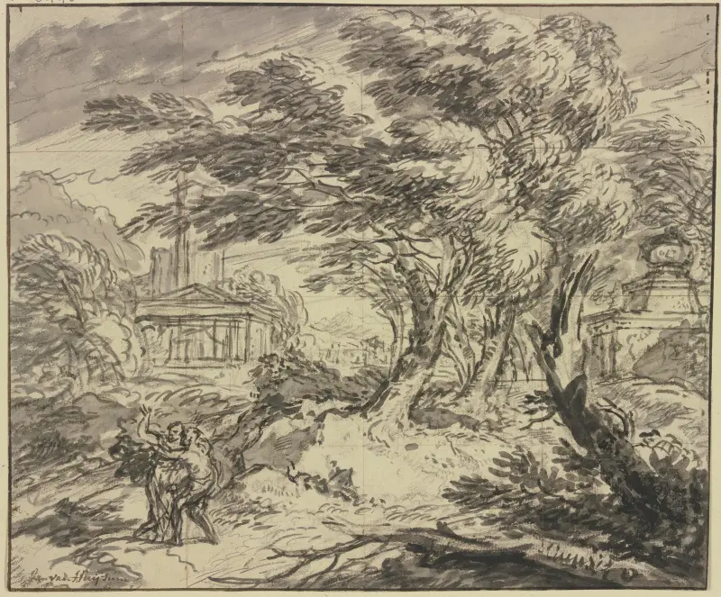 Landschaft mit antikem Tempel im Sturm von Jan van Huysum