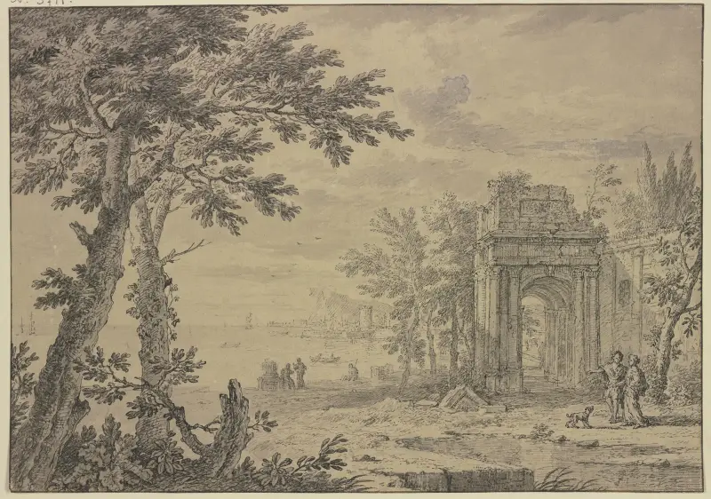 Krajobraz z łukiem triumfalnym, Jan van Huysum