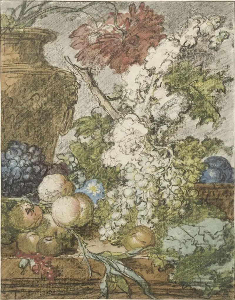 Skiss till ett stilleben med frukt och blommor av Jan van Huysum