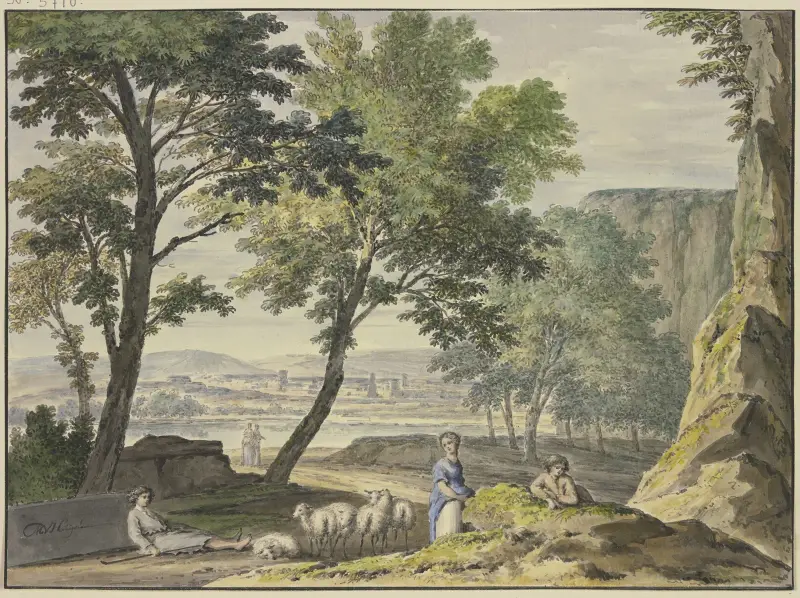 Stilfullt landskap med fåraherde, i fjärran en stad av Jan van Huysum