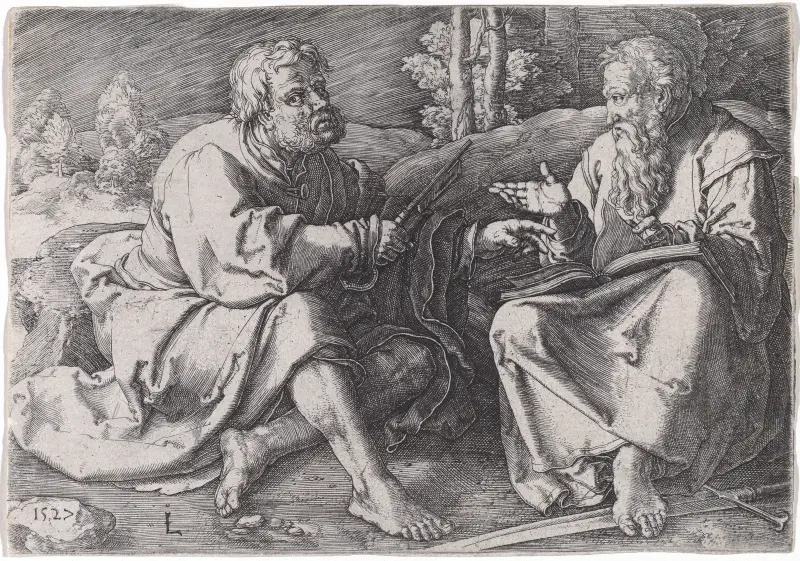 De heliga Petrus och Paulus sittande i ett landskap av Lucas Van Leyden