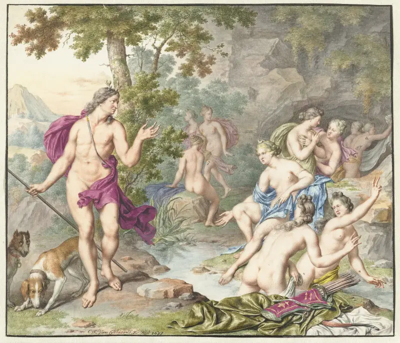 Aktaion överraskar Diana och hennes följeslagare av Willem Van Mieris