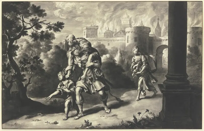 Aeneas bär Anchises ut ur det brinnande Troja av Willem Van Mieris