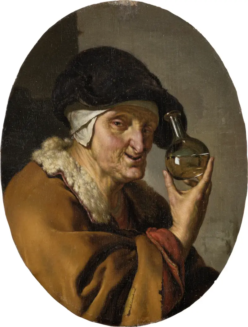 En gammal kvinna med urglas; 'Kvacksalvaren' av Willem Van Mieris
