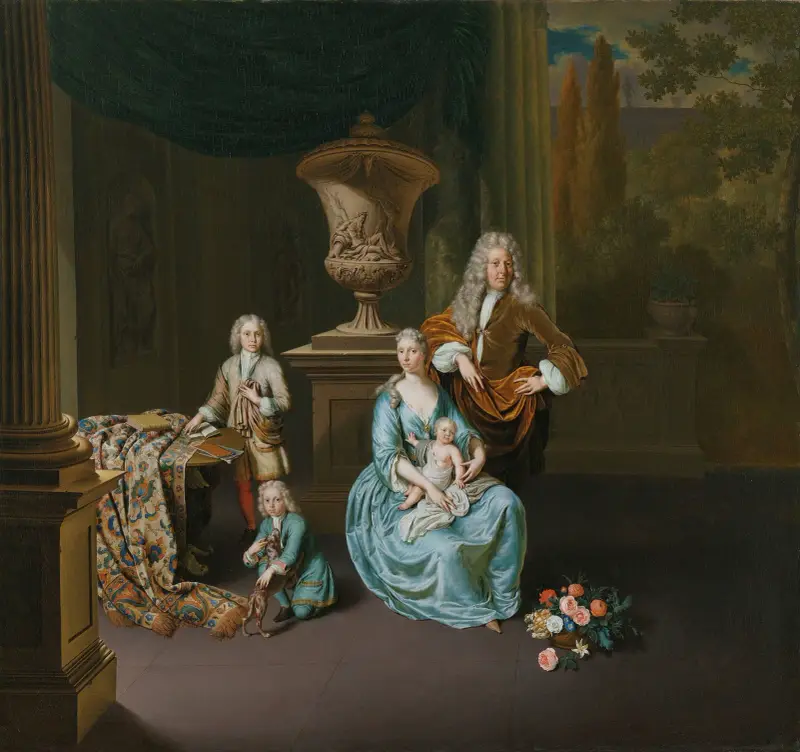Diederik Baron van Leyden van Vlaardingen (1695–1764), borgmästare i Leiden, med sin hustru Sophia Dina de Rovere och deras söner Pieter, Jan och Adriaan Pompejus av Willem Van Mieris