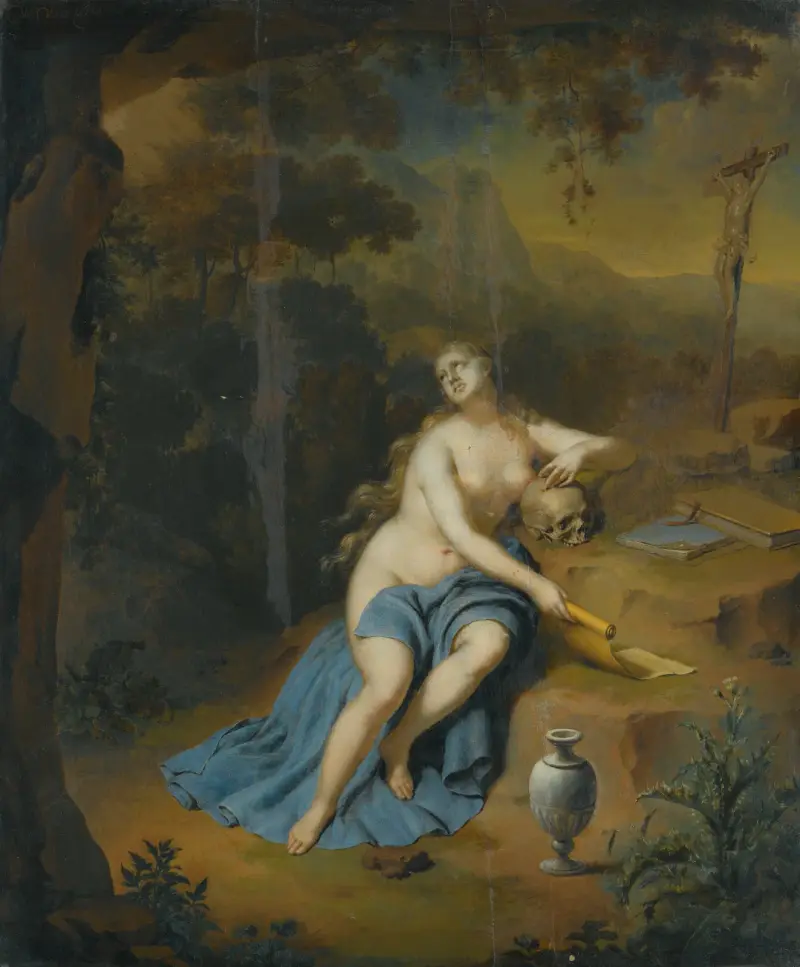 Den botfärdiga Maria Magdalena i ett landskap av Willem Van Mieris