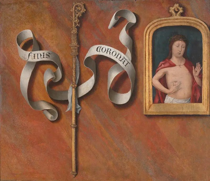 Trompe-l’oeil med målning av Smärtomannen av Bernard van Orley