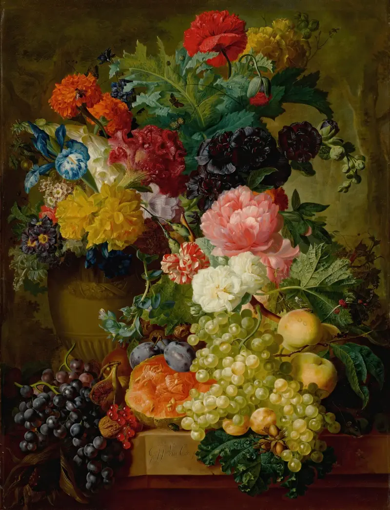 Elaborate Still Life Of Flowers And Fruit Resting On A Stone Ledge, A Wooded Landscape Beyond av Georgius Jacobus Johannes van Os