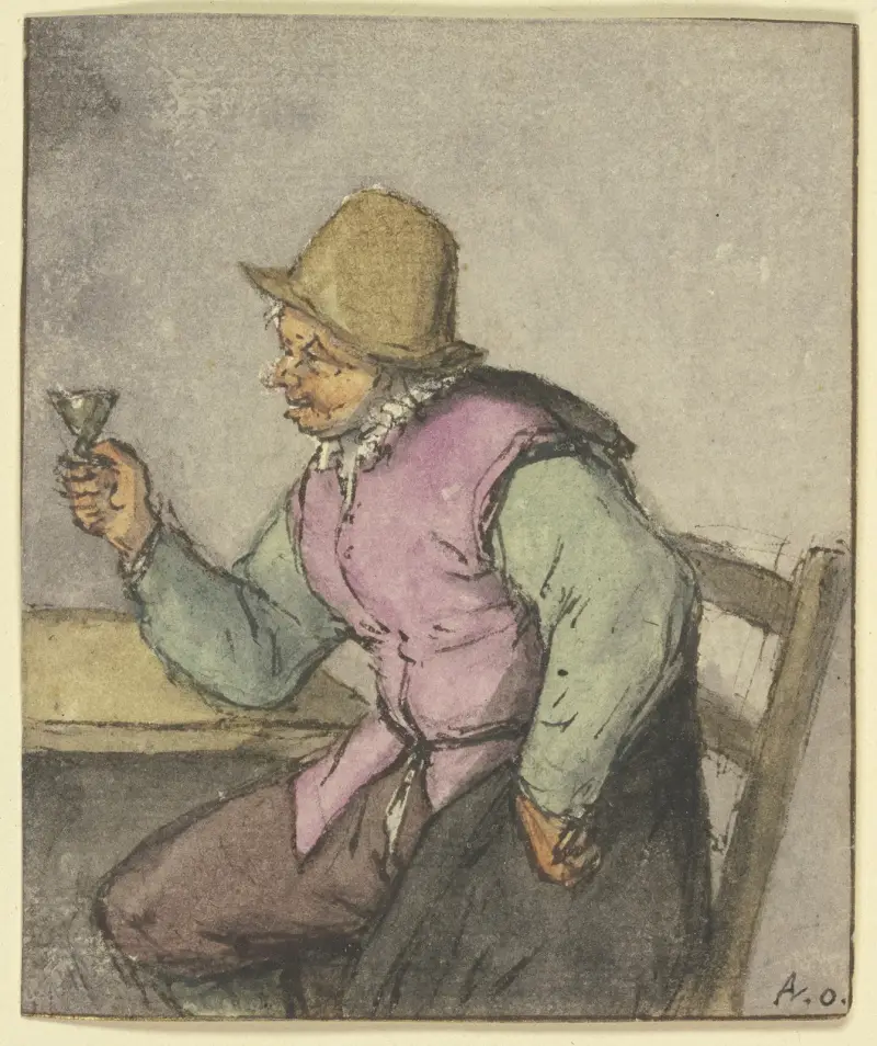 An einem Tisch sitzender Bauer mit Glas, nach links av Adriaen van Ostade