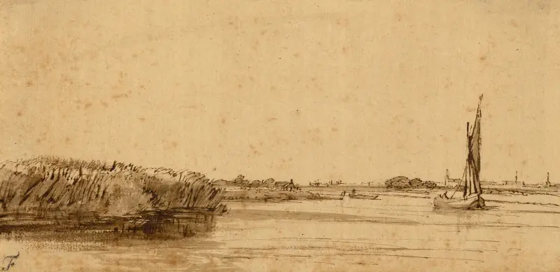 Ein Segelboot auf weitem Wasser von Rembrandt van Rijn