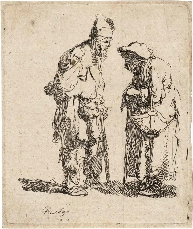 Tiggare, man och kvinna, i samspråk av Rembrandt van Rijn