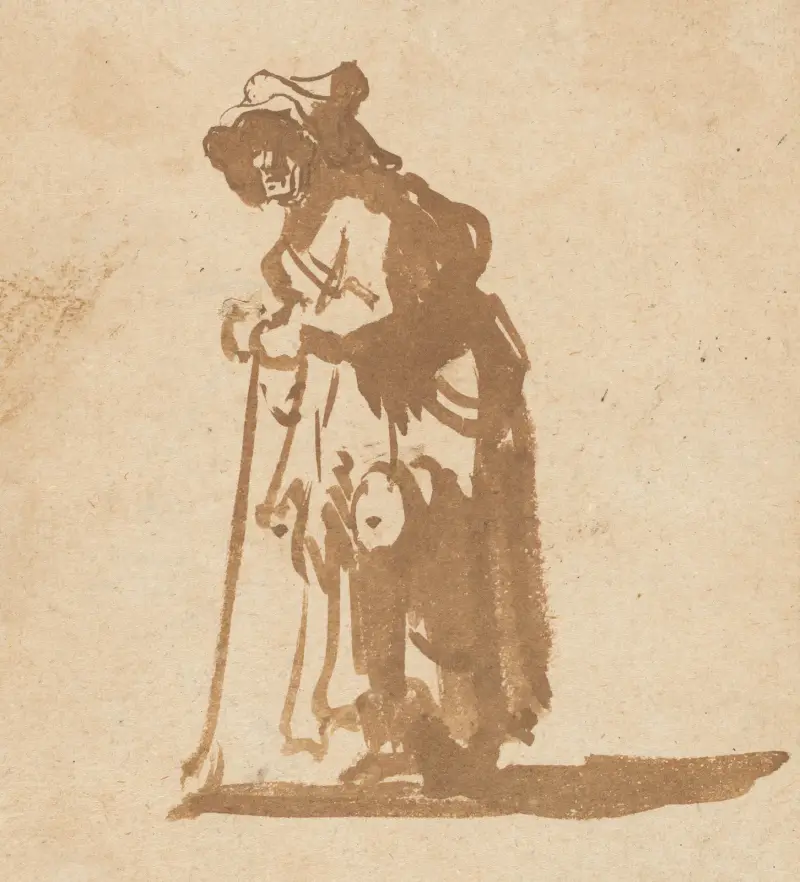 Tiggarkvinna lutad mot käpp av Rembrandt van Rijn
