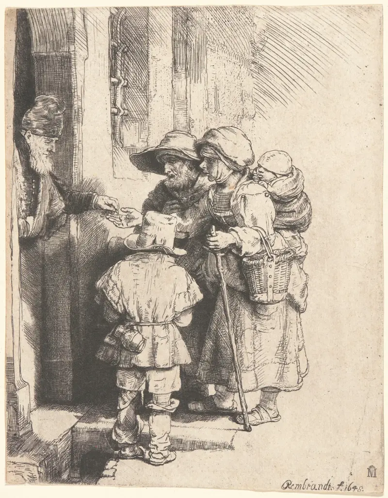 Tiggare tar emot allmosor vid en husdörr av Rembrandt van Rijn
