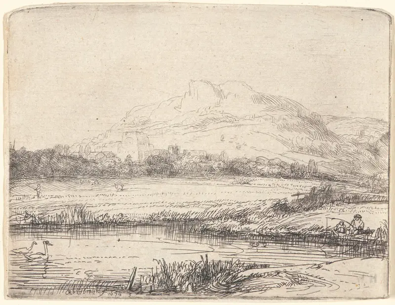 Canal with an Angler and Two Swans av Rembrandt van Rijn