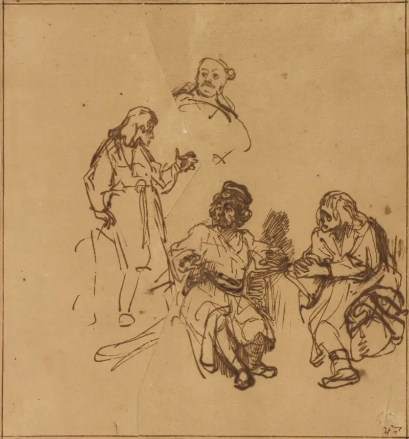 Joseph in Prison Interpreting the Dreams of Pharoah’s Baker and Butler av Rembrandt van Rijn