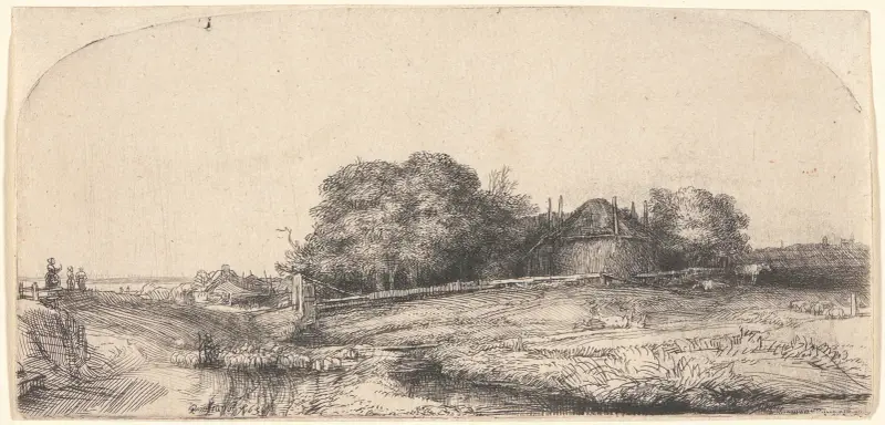 Landskap med en höskulle och en fårflock av Rembrandt van Rijn