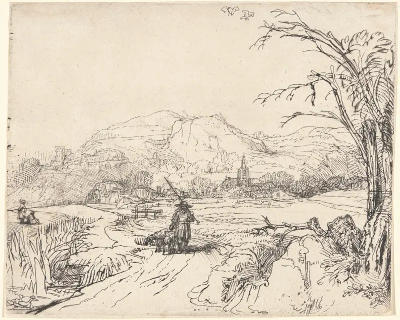 Landskap med jägare och hund av Rembrandt van Rijn
