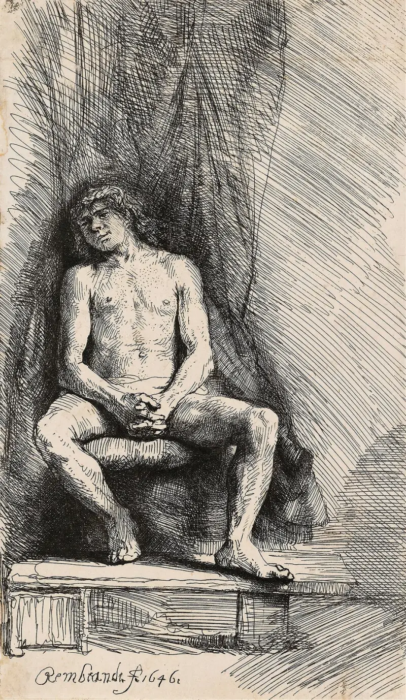 Nude Man Seated before a Curtain av Rembrandt van Rijn