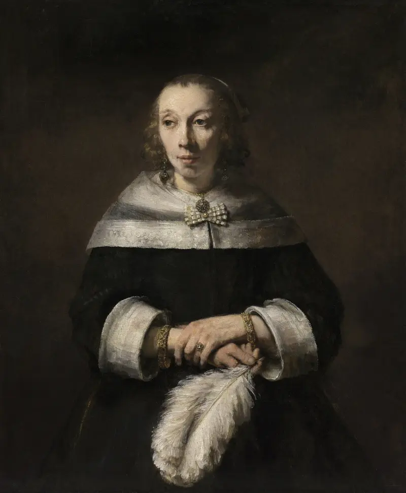 Porträtt av en dam med strutsfjäderfläkt av Rembrandt van Rijn